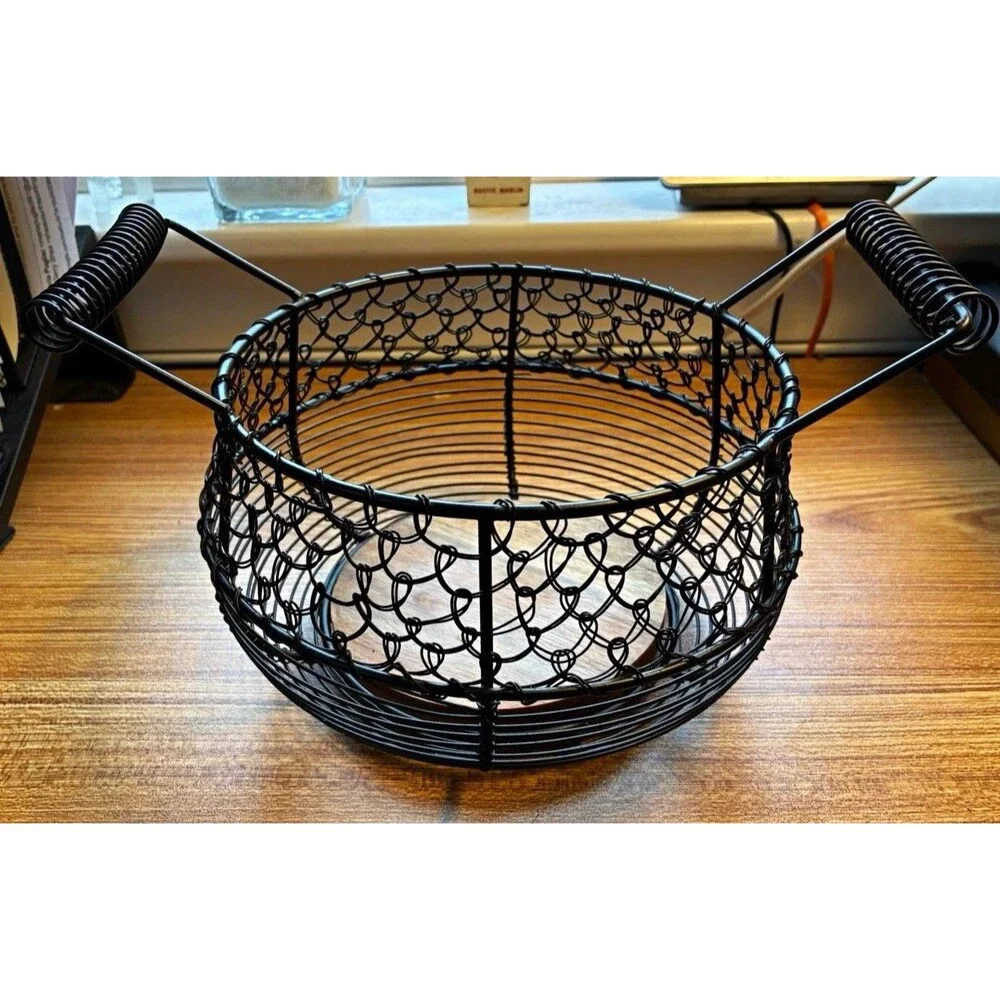 Black Metal Wire Basket w/ Side Handles and Wood Bottom, 7 in W x 5 in H